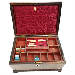 Victorian rosewood sewing box inlaid with mother of pearl, the interior with lift out tray, gadrooned border and compressed bun feet 30cm x 20cm 
