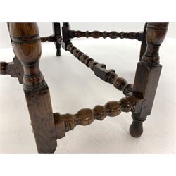 Late 17th century William & Mary oak drop leaf dining table, oval drop leaf top, single drawer to one end, gate action base, turned supports joined by bobbin turned stretchers, 121cm x 135cm, H75cm (open)