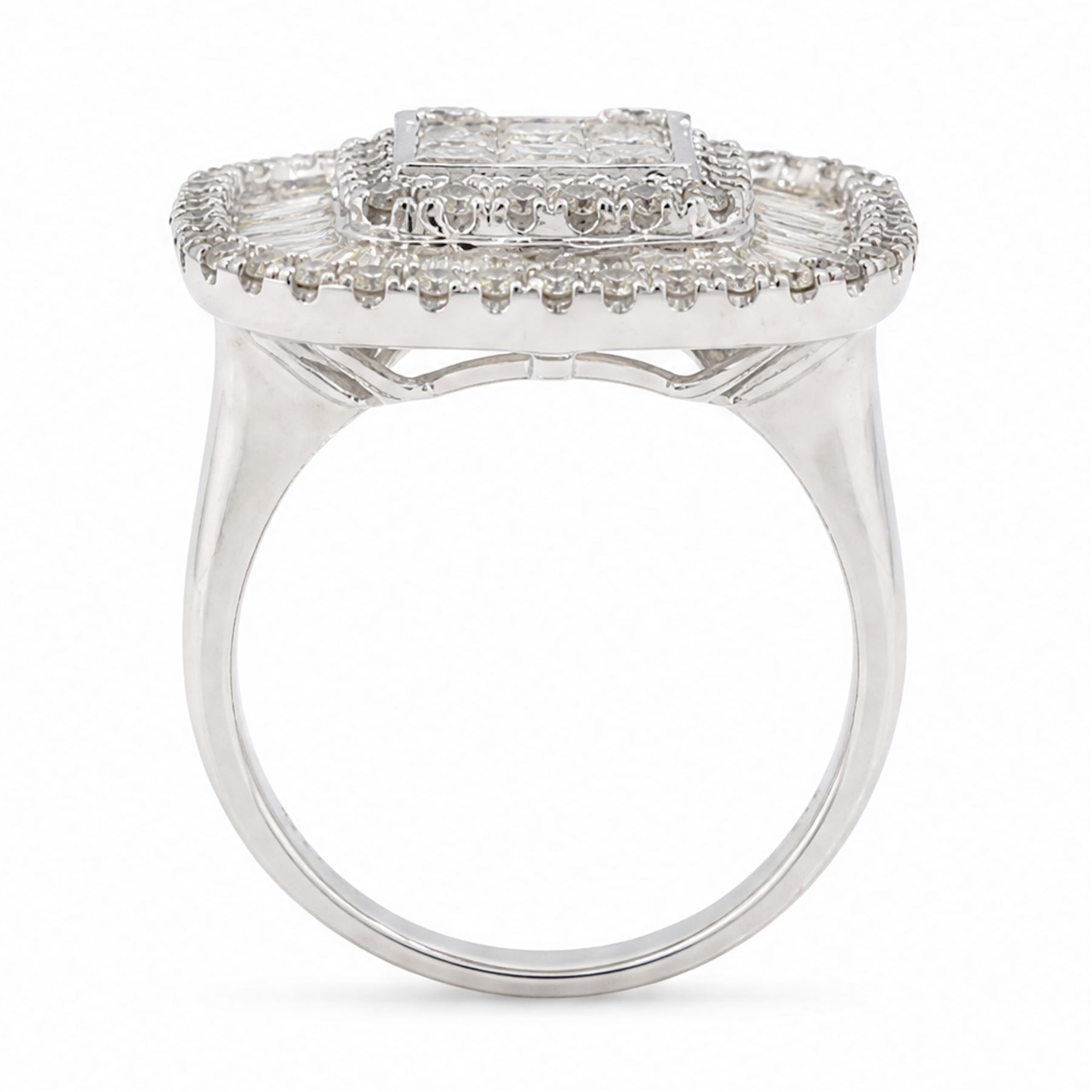 White gold diamond cluster ring, pave set with princess cut, baguette cut and round brilliant cut diamonds, hallmarked 9ct, total diamond weight 3.40 carat