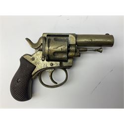 Early 20th century Flobert 5mm blank firing revolver with six-shot chamber, top venting, nickel plated with folding trigger No.118 L12.5cm overall; replica non-firing 'British Bulldog' revolver; and Windproof gas lighter inscribed 'Revolver-99 Spring and Autumn' in holster marked 'Star-Line'