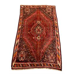 Persian red ground rug carpet, central diamond medallion, multicoloured chequered border