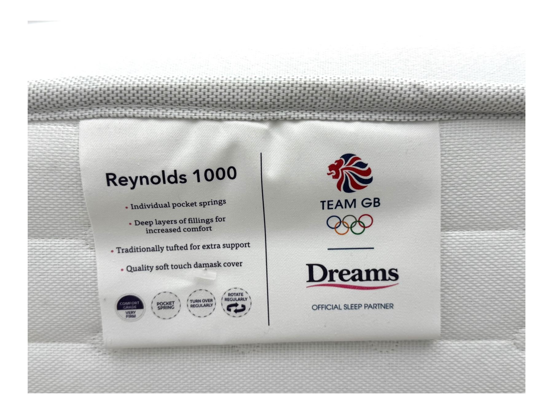 Barker & Stonehouse - contemporary chestnut king size bed frame, with geometric inlaid headboard and brass detailing, slatted base and tapered brass effect legs, together with Dreams ‘Reynolds 1000’ pocket sprung mattress