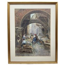 Italian School (19th century): People at the Market at 'Roma Portico D'Ottavia' (Portico of Octavia - Rome), watercolour indistinctly signed titled and dated 1878, 49cm x 37cm