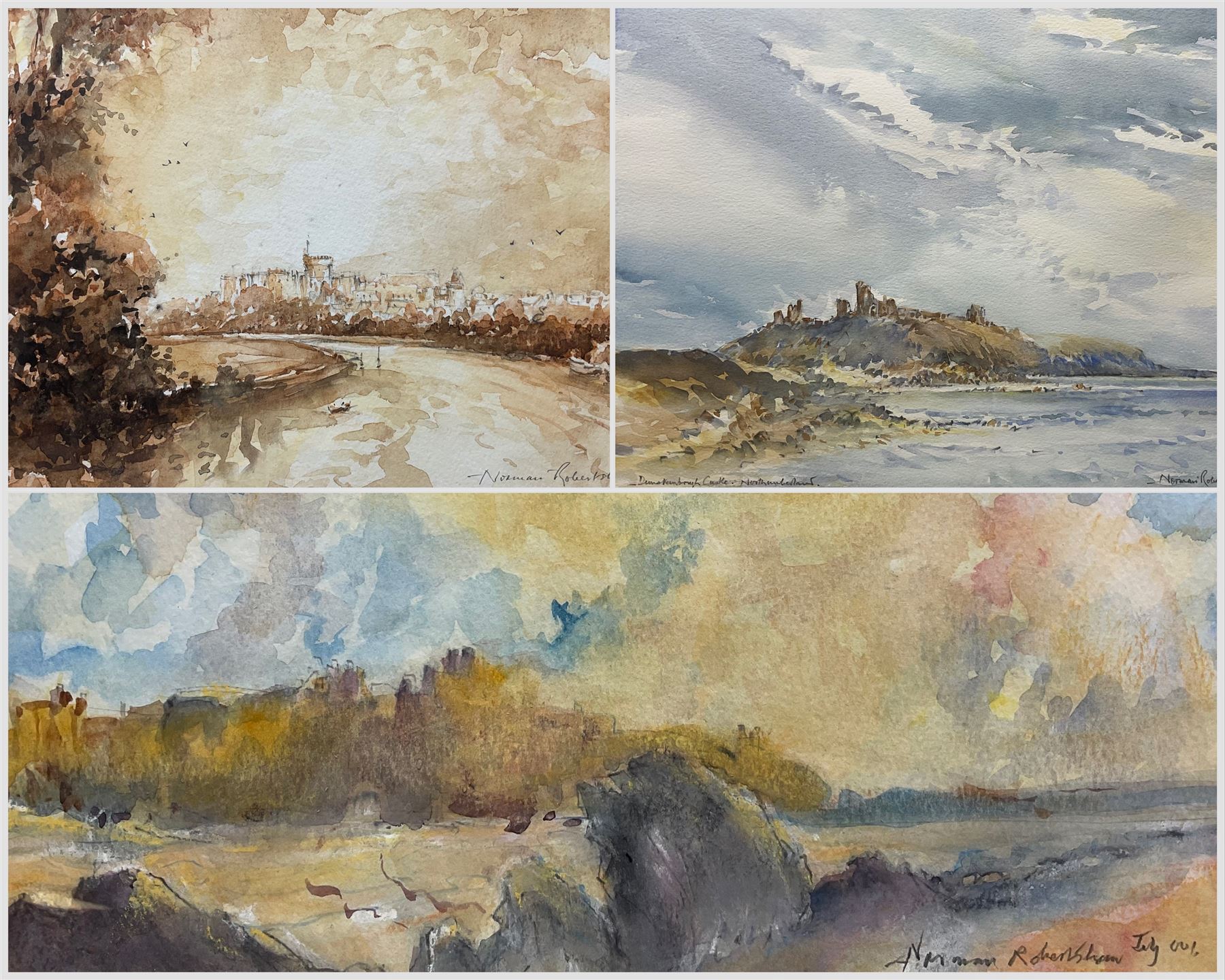 Norman Robertshaw (British 20th Century): 'Dunstanburgh Castle - Northumberland' and 'Windsor Castle', three watercolours signed and dated '01 '99 and '91, variously titled, max 25cm x 38cm (3)