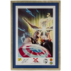Four limited edition Dynamic Forces Marvel prints, comprising Universe X Premiere lithograph remarked and signed by artist Alex Cross limited no. 21/99, X-Men Death of Phoenix signed by artist Jae Lee, limited no. 7/1980, both with certificate of authenticity and two unsigned prints The Punisher and The Xmen, largest H67cm, W38cm (4)