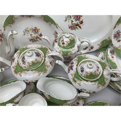 Paragon Rockingham pattern part tea and dinner service including three teapots, milk jug, cups and saucers of various sizes, ten soup bowls, ten side plates, ten dinner plates etc (96)