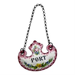 Seventeen mid 18th century and later enamel wine labels, one example of heart shaped form, the rest of cartouche and escutcheon form, various titles including Claret, Rum, Sloe Gin, Port, Whisky, Cowslip, Cherry-Brandy, etc., largest example W7cm 