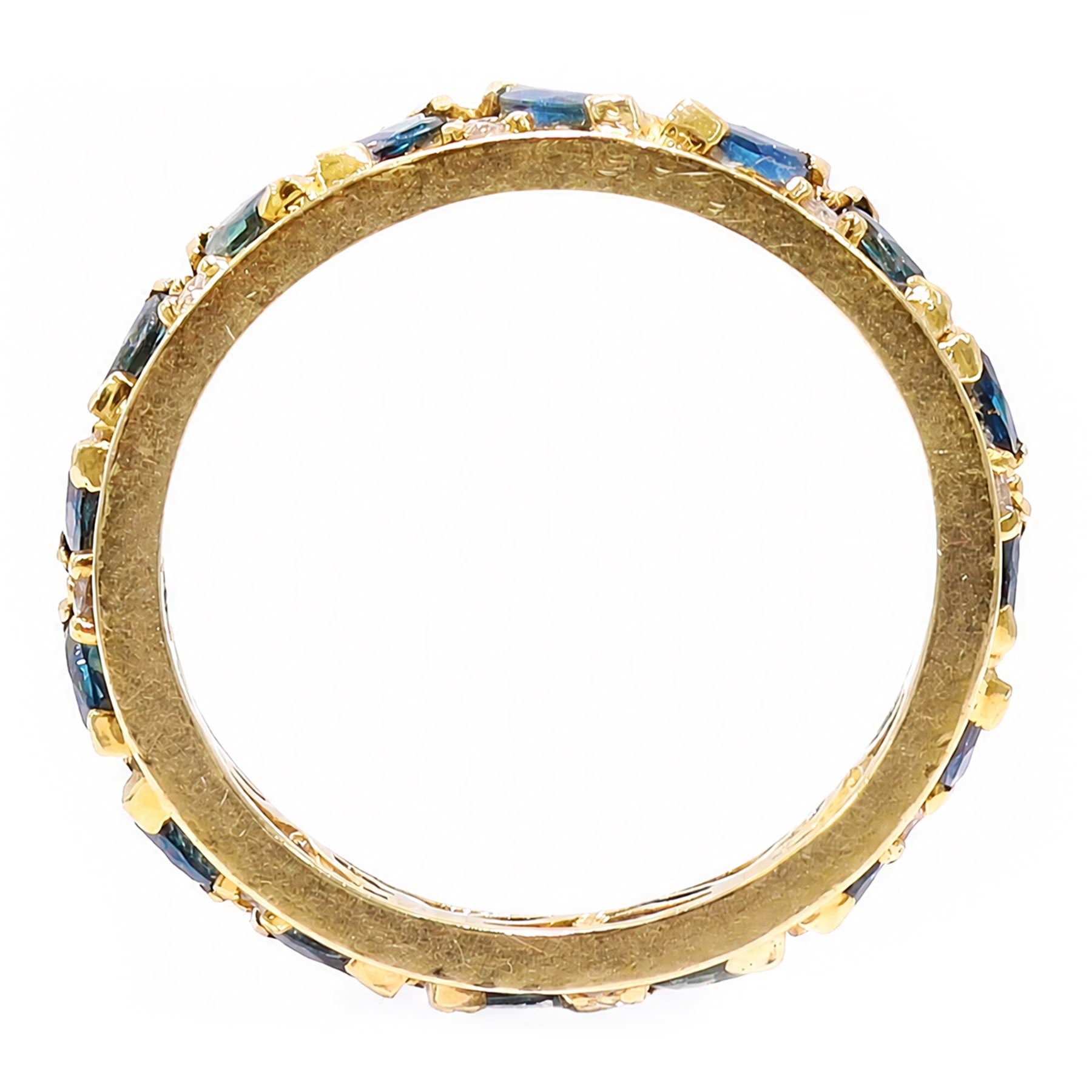 18ct gold sapphire and diamond full eternity ring, sixteen marquise cut sapphires, each spaced by a round brilliant cut diamond, London import mark 1992