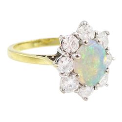 18ct gold opal and round brilliant cut diamond cluster ring, London 1976, opal approx 0.75 carat, total diamond weight approx 1.00 carat