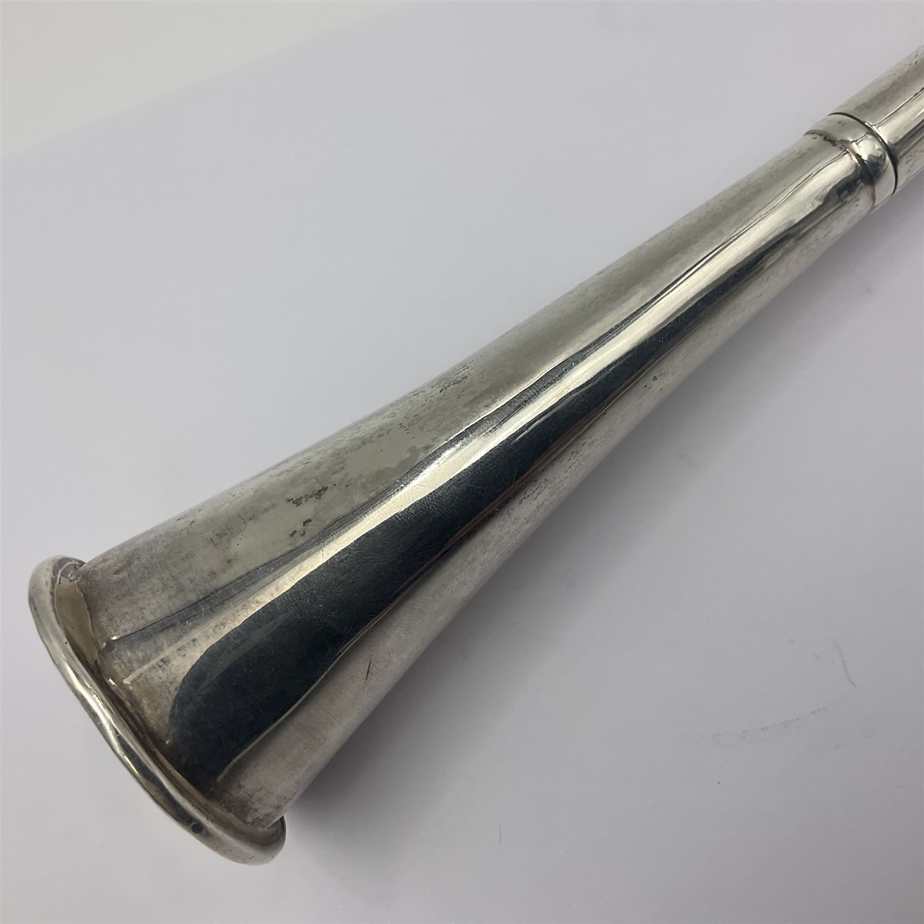 Victorian silver novelty table lighter, modelled in the form of a horn, hallmarked Joseph Braham, London 1887, L19cm