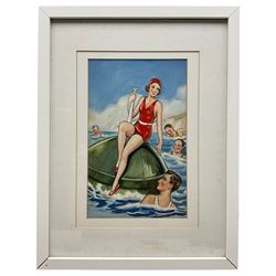 Madge Williams (British 1903-1986): 'My Baby's Got Rhythm', gouache signed together with 'Walkers Big Painting Book Number 12' 'Bumping Boats' 'Attracted to Bouys' and 'I See the Sea Now', set of four original gouache 1950's style postcard illustrations unsigned max 22cm x 31cm (5)