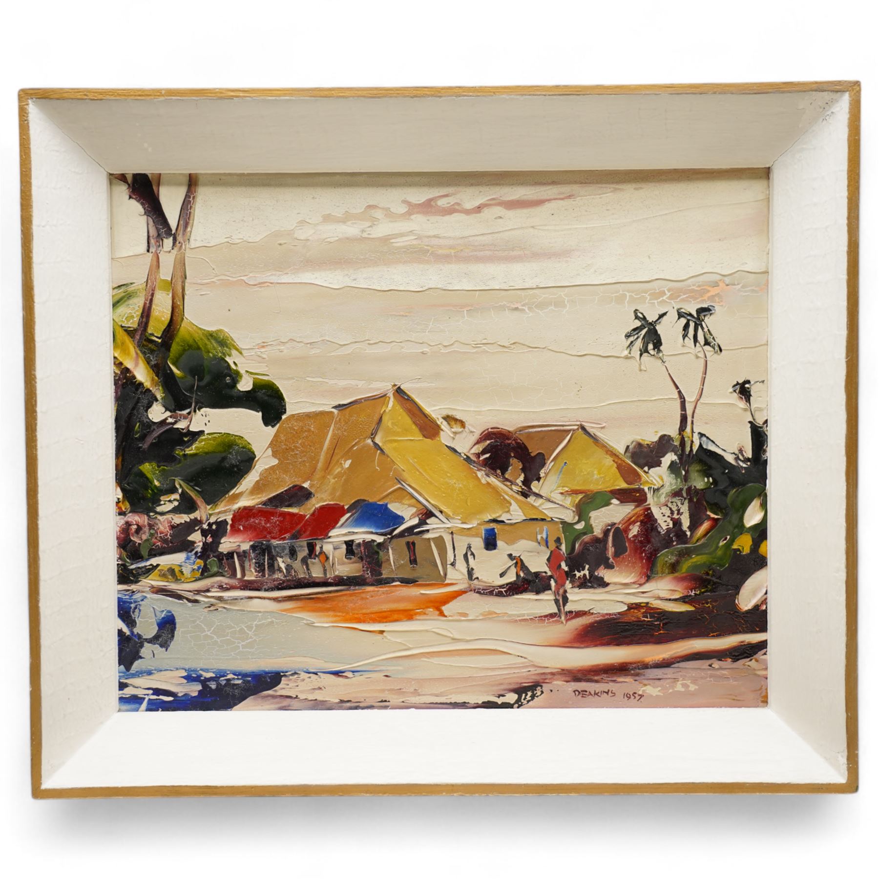 George Richard Deakins (British 1911-1982): Tropical Landscape with Figures and Palms, oil on board signed and dated 1957, 36cm x 43cm
