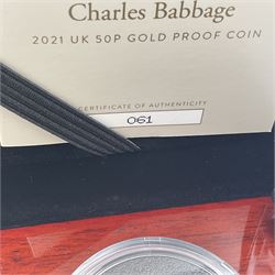 The Royal Mint United Kingdom 2021 'Charles Babbage' gold proof fifty pence coin, cased with certificate