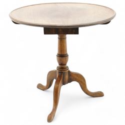 George III mahogany tripod table, circular dished tilt-top with moulded edge on cage actio...