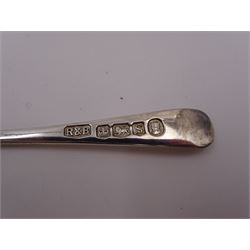 Set of six 1930s silver 'British Hallmarks' spoons by Roberts & Belk Ltd, each depicting a different British hallmark, dated 1935, in fitted case