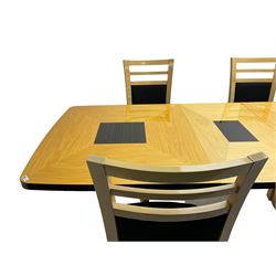 Art Deco style lacquered extending dining table, with additional leaf and four dining chairs