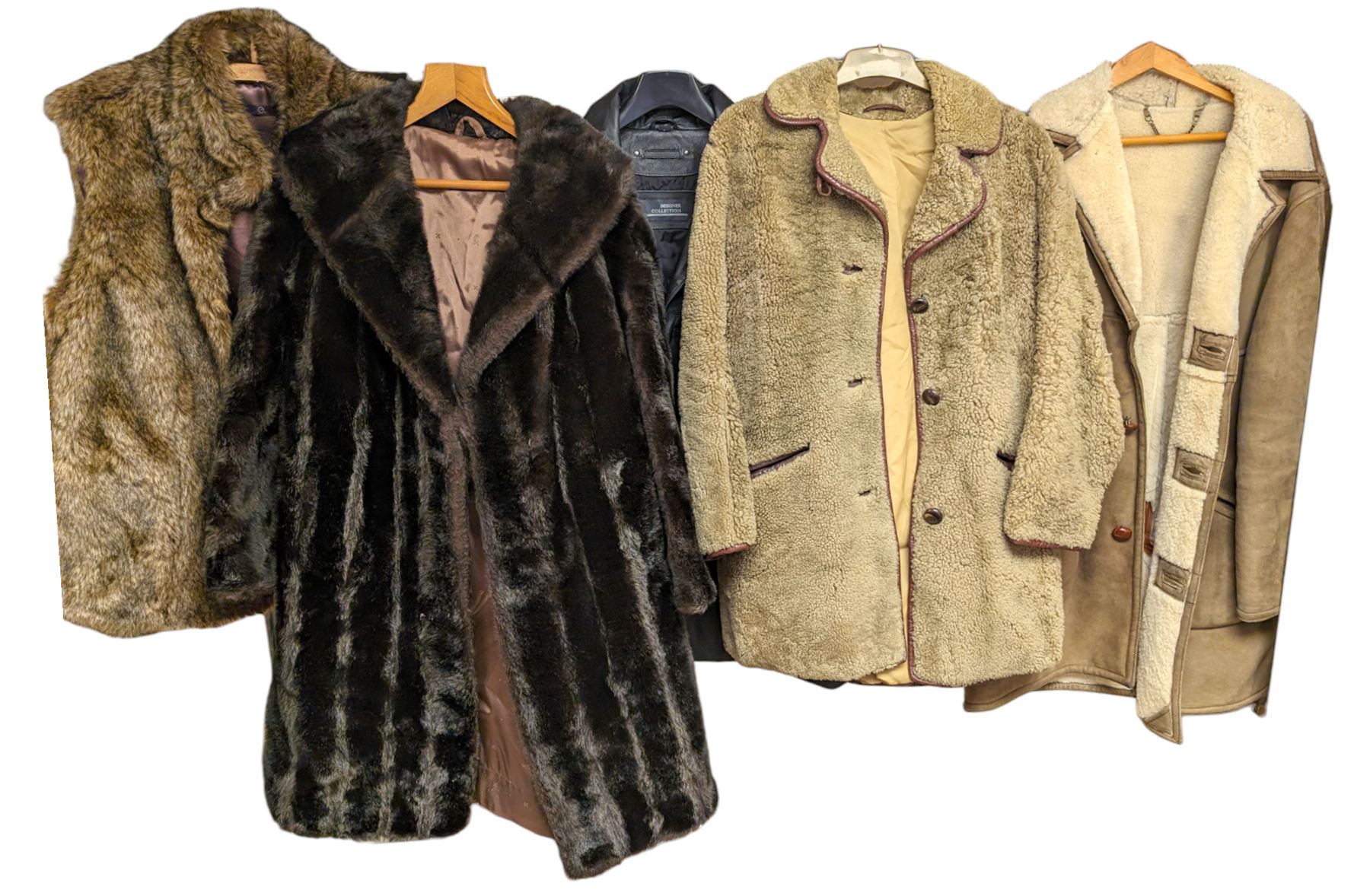 Two Waddingtons sheepskin coats, Maxwell & Cowan rabbit fur coat, Lykafur simulated mink fur coat, faux fur gilet and a leather jacket