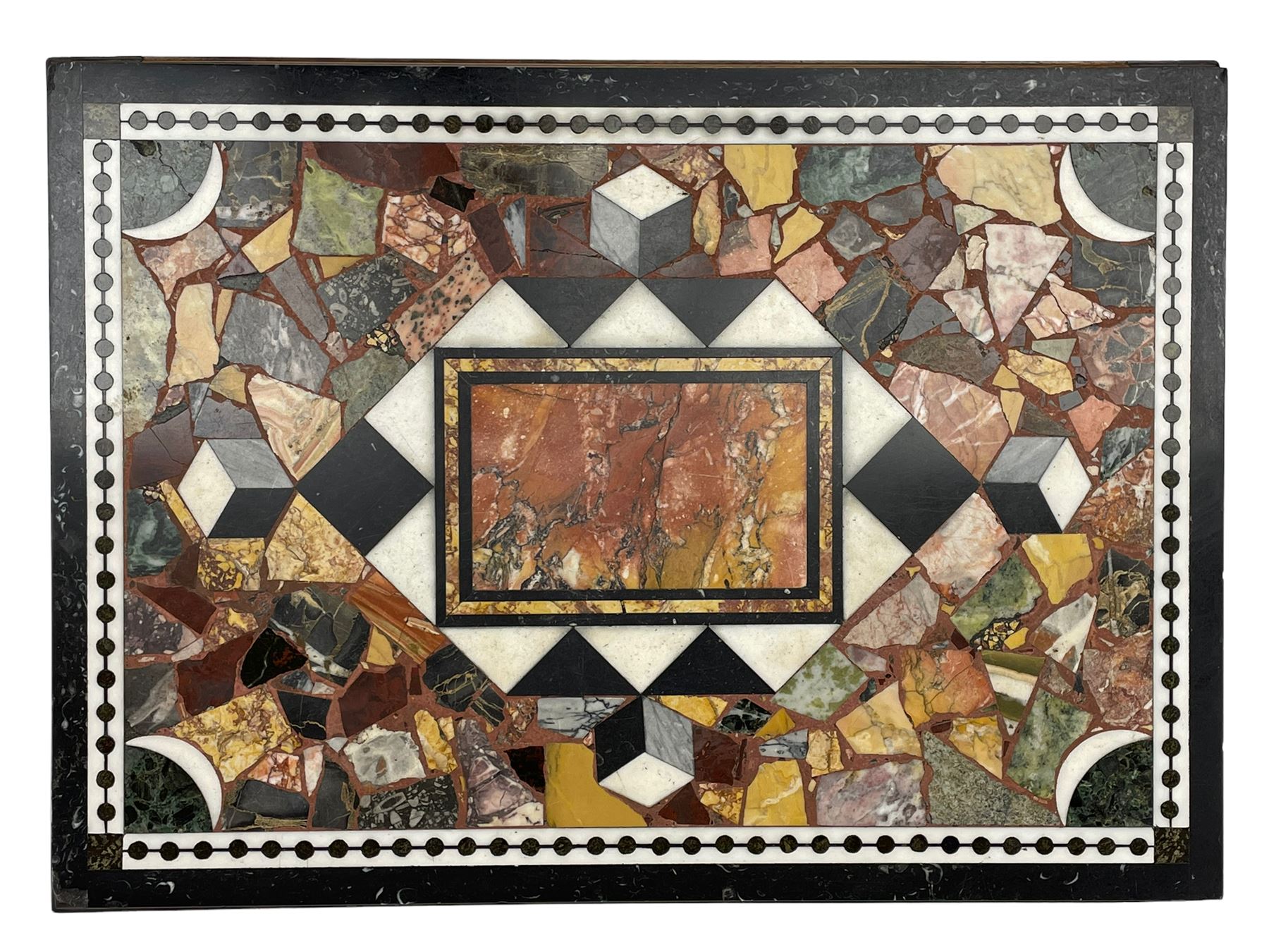 19th century marble specimen table, central rectangular plaque in black and white chequered lozenge, surrounded by fragments and cube motifs, housed within a mahogany stand with moulded top edge, square tapering supports with peg spade feet