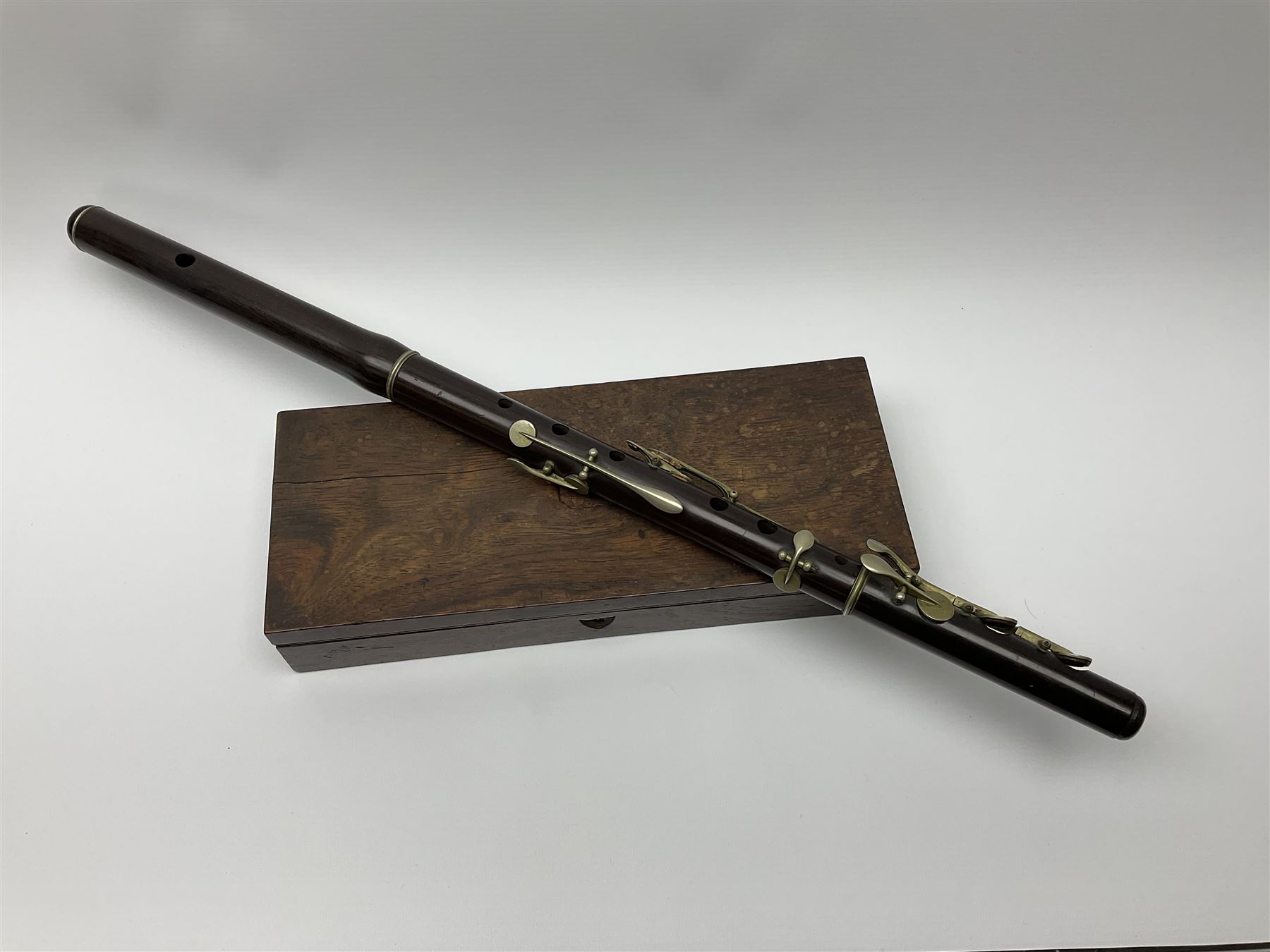 Victorian rosewood and nickel three-section flute by A. Buffet Paris, impressed 'S.R. Chappell 52 New Bond Street London 1851' L62cm; in fitted rosewood box