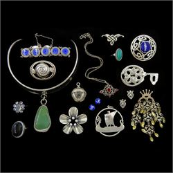 Silver and stone set silver jewellery including Norwegian Solje brooch by Ivar Holth, blue enamel circular bracelet, moonstone flowerhead cluster ring, silver flower brooch by Hugo Grun, rock crystal 'pool of light' pendant, silver Viking replica brooch and enamel stud earrings, both by David Andersen, rings and brooches and a white metal and hardstone collar necklace designed by Jacob Hill for Buch & Deichmann