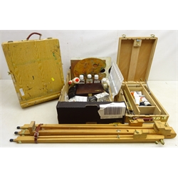  Winsor & Newton table box easel containing three W&N brushes, other brushes, oil & other paints, W&N floor standing easel, Chatsworth table box easel, case of W&N watercolours and other art supplies including pallets, varnish, charcoal etc    