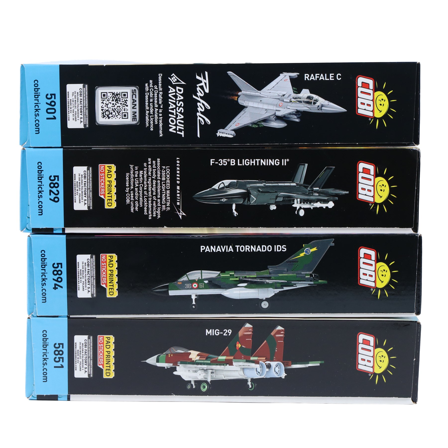 Four Cobi Bricks 1:48 scale Armed Forces model aircraft sets, comprising no. 5894 Panavia Tornado IDS, no. 5901 Rafale C, no. 5829 F-35 B Lightning II and no. 5851 MIG-29 East Germany, all in sealed boxes