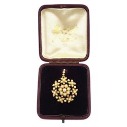 Edwardian 15ct gold pearl flower brooch, with detachable pendant setting, in fitted velvet and silk lined box