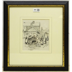 Robert Jobling (Staithes Group 1841-1923): 'Cullercoats' figures gathered round a horse and cart, pen and ink signed titled and dated 1889, 18cm x 15cm
Provenance: with T.B. & R. Jordan Fine Art Specialists Yarm, label verso
