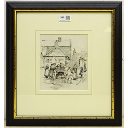 Robert Jobling (Staithes Group 1841-1923): 'Cullercoats' figures gathered round a horse and cart, pen and ink signed titled and dated 1889, 18cm x 15cm
Provenance: with T.B. & R. Jordan Fine Art Specialists Yarm, label verso