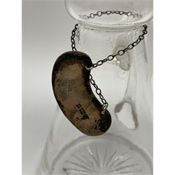 Edwardian silver mounted whisky noggin, of tapering cylindrical form with hinged flat cover, H12cm, together with a silver whisky label, each hallmarked H B Johnson & Co, London, whisky noggin dated 1906, label 1910