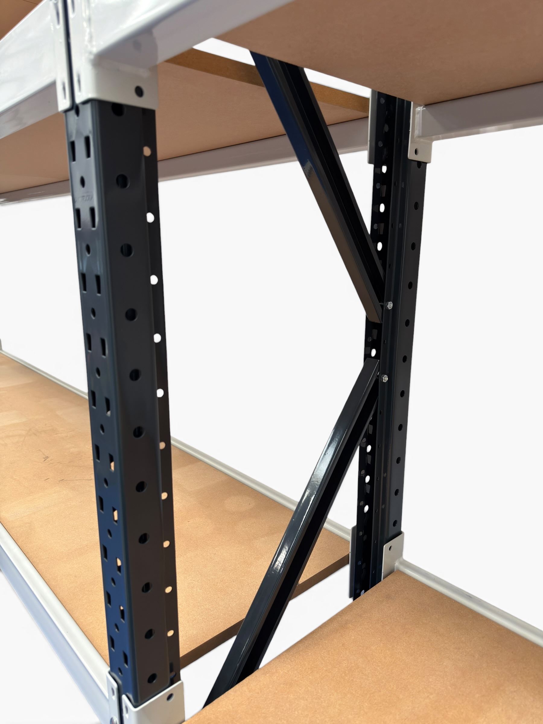 Two bays of Constructor warehouse racking with MDF boards