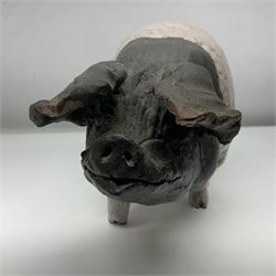 Studio pottery Saddleback pig, with artist signature beneath, H18cm, L39cm