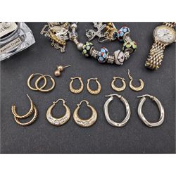 Seven pairs of 9ct gold earrings, including hoop earrings, pair of silver hoop earrings, collection of costume jewellery and an Ingersoll pocket watch etc