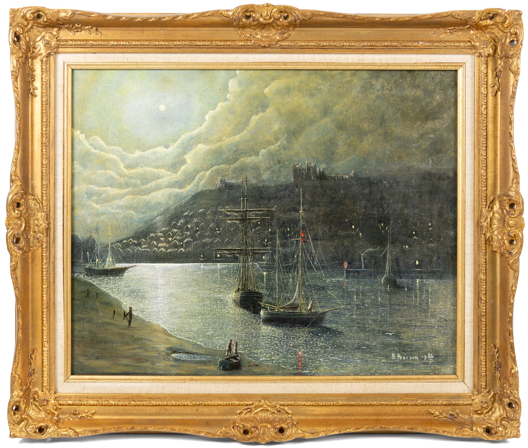 B Pearson (British 20th century): Whitby by Moonlight, oil on canvas signed and dated 1986, 40cm x 50cm