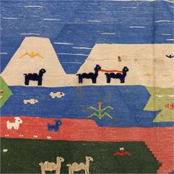 South West Persian Qahgai pictorial flatweave kilim, design arranged in a series of irregular vertical bands in shades of indigo, blue, madder red, pink, green, and ivory, each band filled with naïve pictorial and symbolic motifs of stylized human figures, sheep, goats, and birds