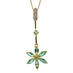  Silver-gilt green stone set flower pendant, similar ring and blue stone set rings, all stamped 925 (4)  