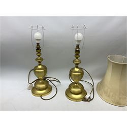 Two brassed table lamps with cream shades, brass jam pan, Salters scales etc