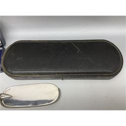 Cased pair of Wedgwood silver-plate book stands, silver-plate baby feeding spoon and pusher in box, other silver-plated cutlery