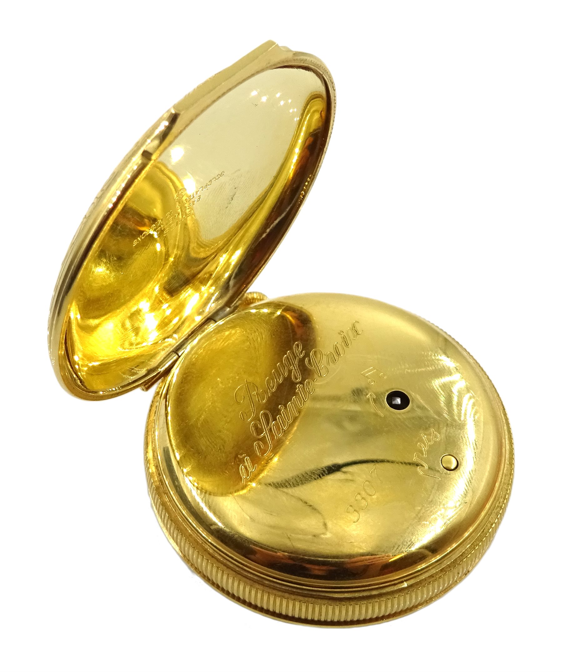 Charles Reuge Saint-Croix musical automaton alarm pocket watch, cylinder movement, alarm hand, printed landscape scene with depicting a lady beside a water pump and a figure on a horse, No. 3307, wide, with fitted box, winding key and booklet 