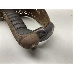 George V 1897 pattern Army Officer's sword by Henry Wilkinson Pall Mall London, the 82.5cm 'London Made' blade etched to both sides with Royal Crests and cyphers etc, pierced half-basket hilt with wire-bound fish skin grip and remains of leather knot strap; in leather covered field service scabbard L101cm overall; and two 14th Prince of Wales Own swagger sticks (3)