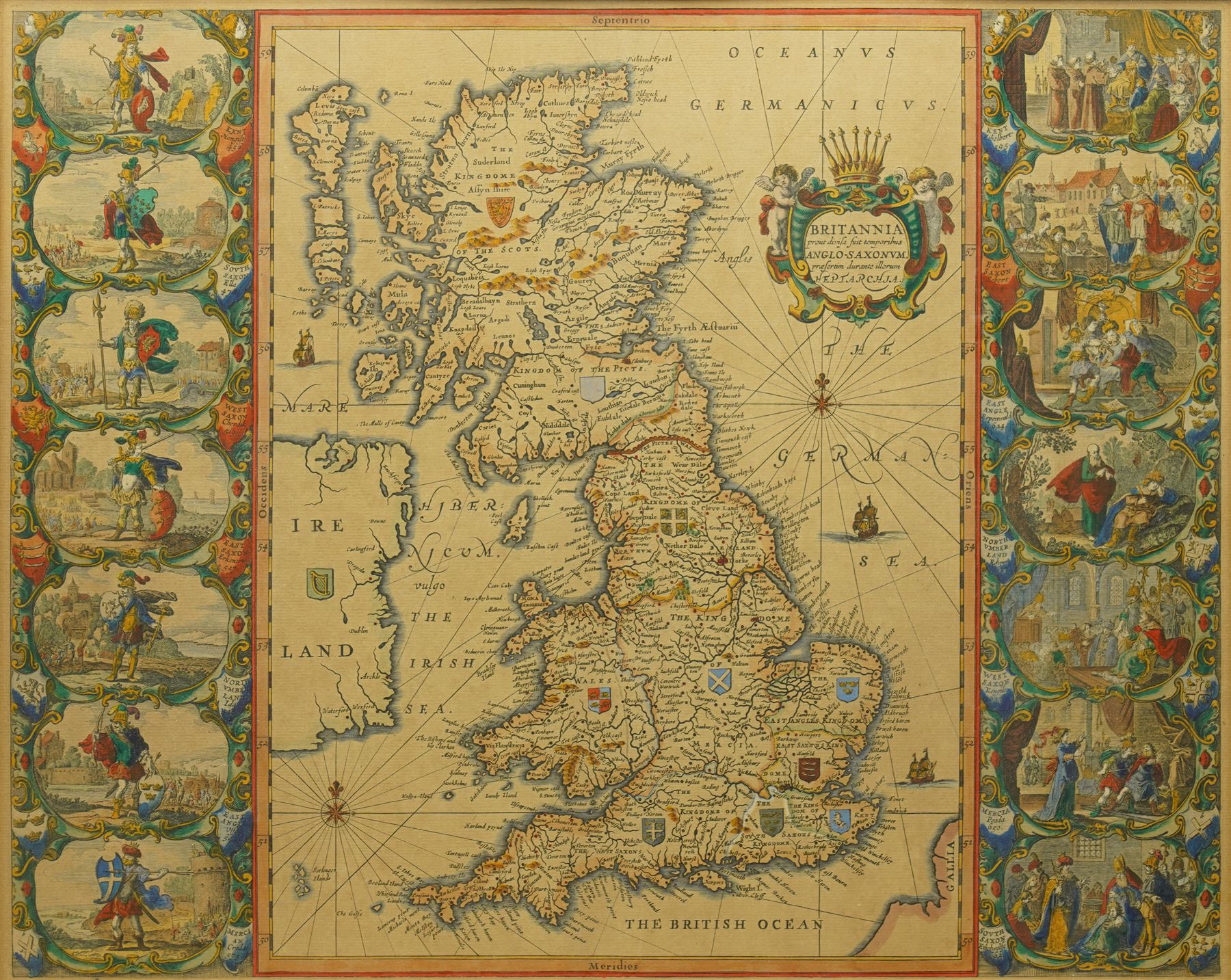 Johannes (Joan) Blaeu (Dutch 1571-1638): 'Britannia Prout Divisa fuit Temporibus Anglo-Saxonum Praesertim Durante Illorum Heptarchia' (Britain as it was Divided During the Anglo-Saxon Times), engraved map of the British Isles with hand-colouring and 14 Dutch style miniature vignettes depicting kings and scenes from Saxon history, later edition 43cm x 54cm