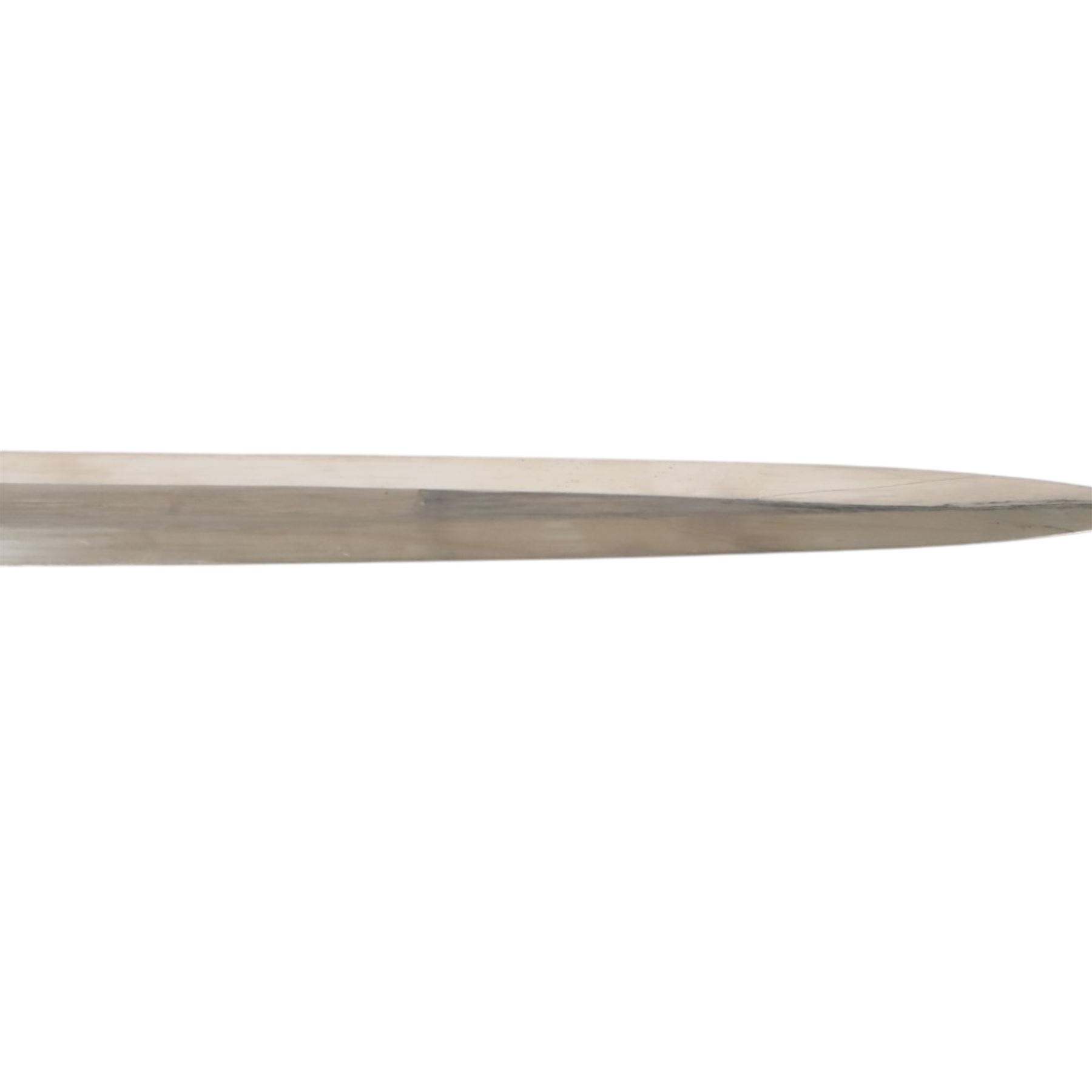 German Third Reich Luftwaffe Officers Dress Dagger by Alcoso Solingen, the 30cm double edged blade marked Alcoso Solingen, with plated down-swept quillons and pommel bearing swastika, wire-bound blue leather grip, the leather covered sheath with mounts and hanging chains, overall L50cm 