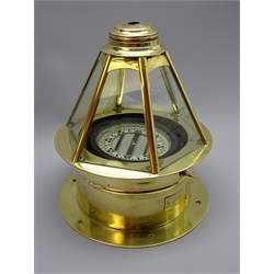  Brass binnacle with hexagonal tapering top on circular base and gimbal mounted black Polaris compass, H33cm  