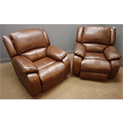  Electric reclining armchair and matching manual reclining armchair upholstered in brown leather, W93cm, H90cm, D90cm (This item is PAT tested - 5 day warranty from date of sale)   