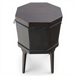 George III mahogany cellarette, of octagonal form with hinged top, brass handles and hinges, raised upon tapering supports