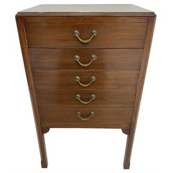 Edwardian mahogany five-drawer music cabinet, moulded top over five drawers with fall fronts, on chamfered square supports 