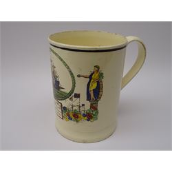 Early 19th century Sunderland Dawson & Co creamware pottery mug, the cylindrical body black transfer printed and polychrome detailed with a circular panel of a three-masted ship flanked by two figures of Peace and Plenty, above a panel containing verse 'May Peace with Plenty on our Nation smile [...]' H15cm D11cm