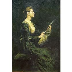 Paul Musin (Belgian 20th Century): Fashionable Lady in Green Playing Neapolitan Mandolin, oil on board signed 26cm x 18cm