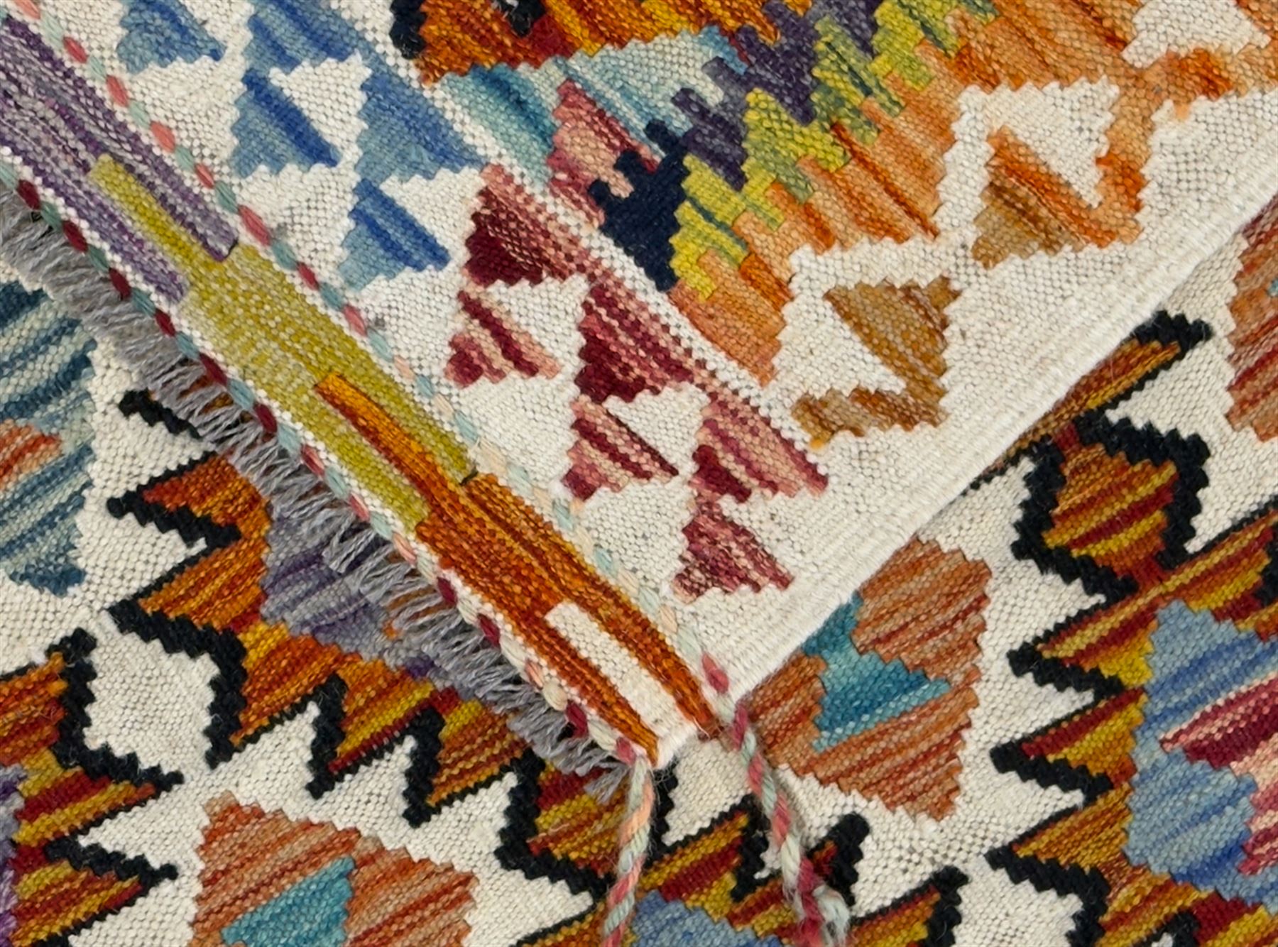 Maimana Kilim runner, multi-coloured geometric design, 302x86cm 