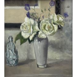 Neil Tyler (British 1945-): 'White Roses' - Still Life, oil on board signed 41cm x 36cm